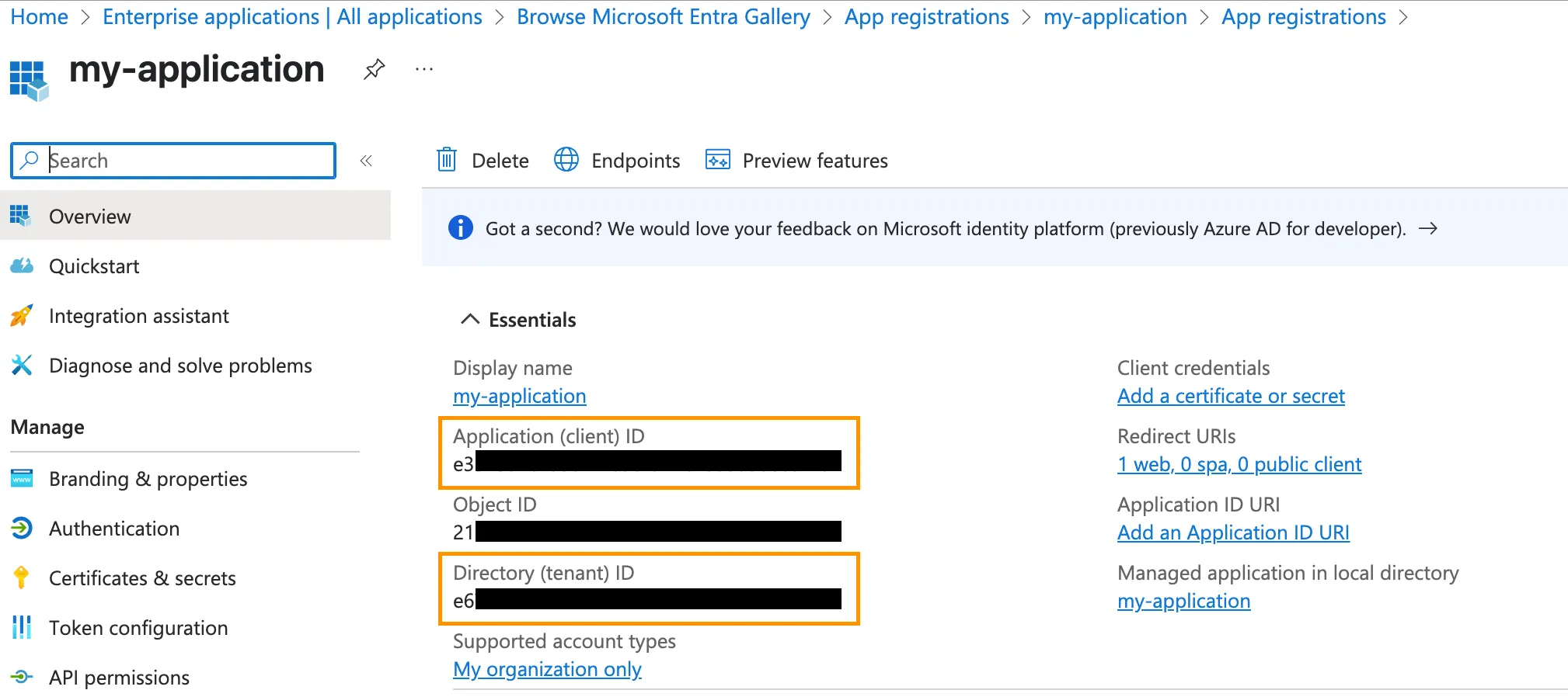 Viewing the Application ID and Directory ID in Azure