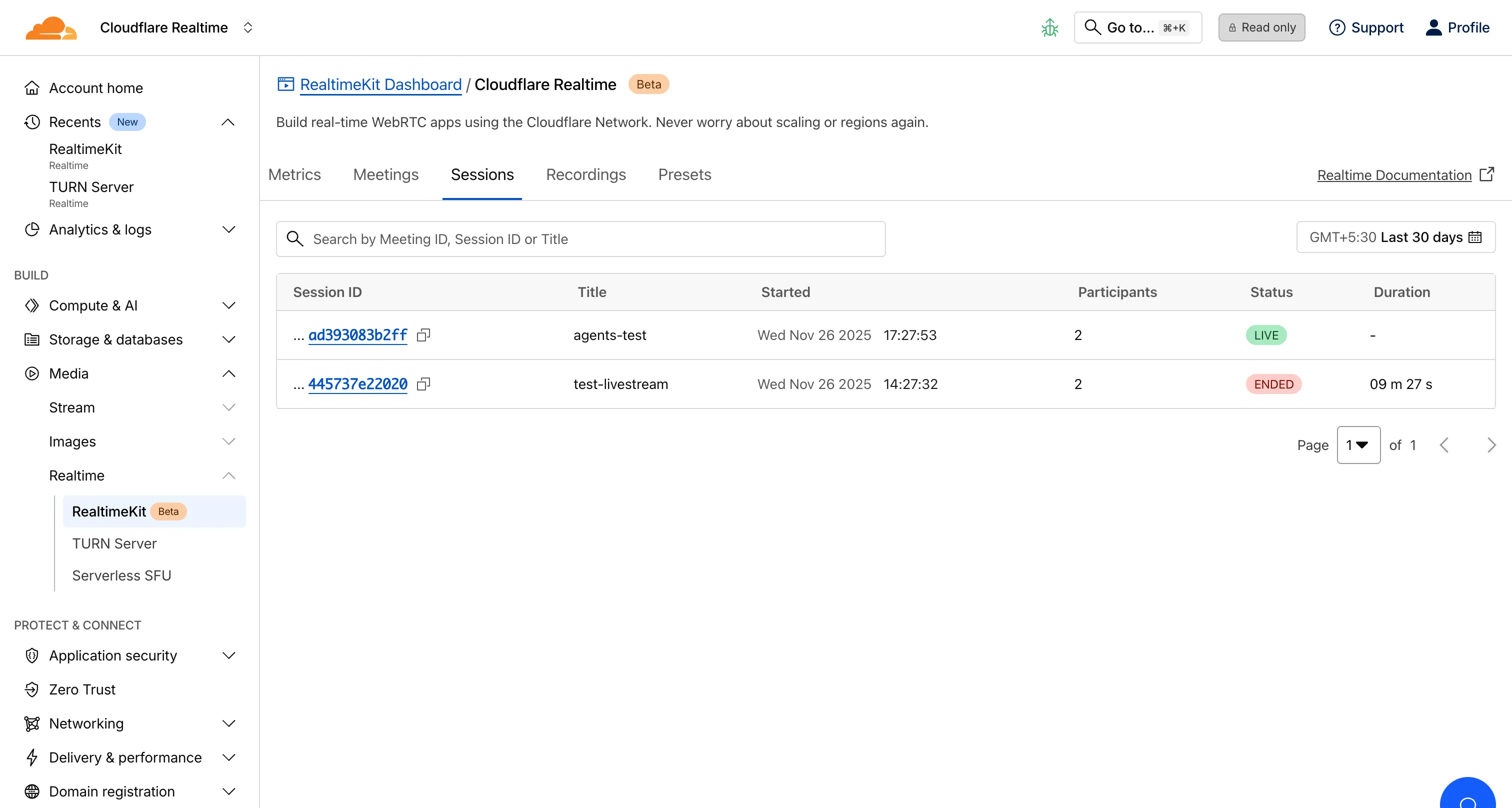 Sessions in RealtimeKit Dashboard