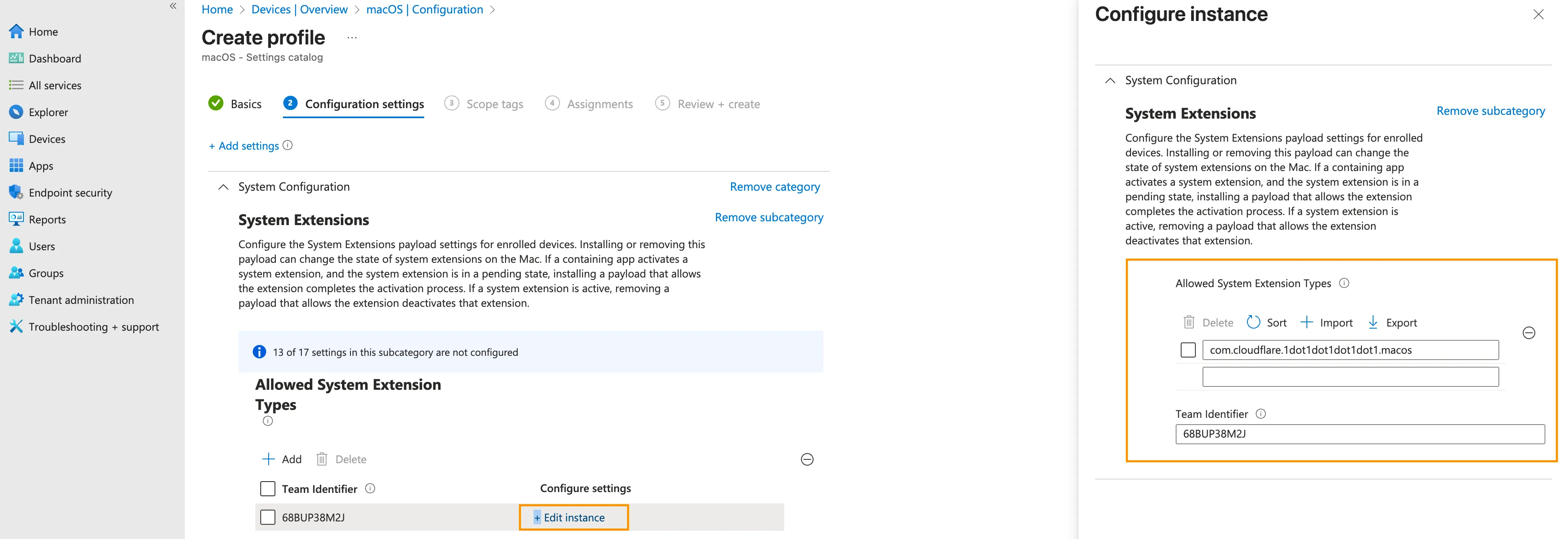 Intune admin console where you enter team identifier and bundle identifier