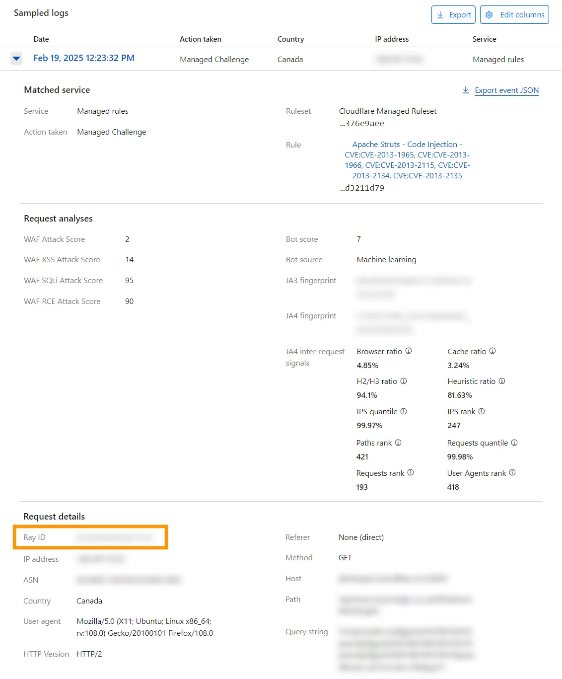 Example list of events in sampled logs, with the Ray ID highlighted from one of the expanded events to show its details